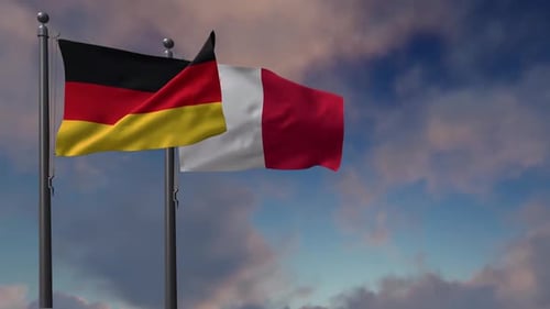 Waving Flags of Germany and Peru Against a Cloudy Sky