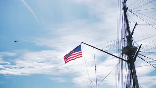 American Flag Waving On Historic Military Ship, Uss Constitution, Slow Motion