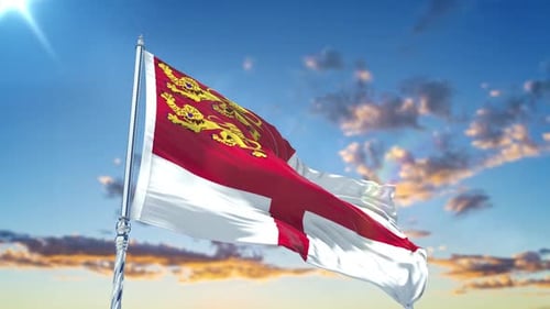 Realistisch wehende Sark-Flagge mit Himmel