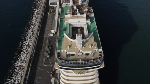 Massive Cruise Ship Docked Aerial View Journey Begins Waterfront Terminal