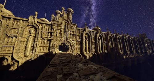 Majestic Stone Architecture Under a Starry Sky Near a Calm Body of Water