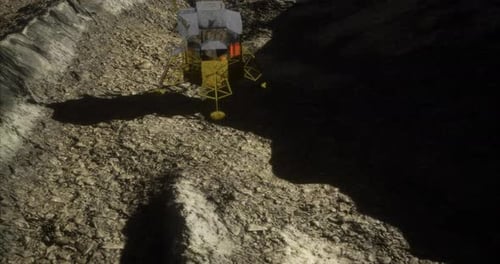Lunar Module Lands on the Moons Surface Amid Rocky Terrain Under a Vast Sky