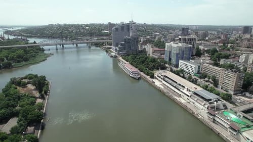 Wide River and City Panoramic Aerial View