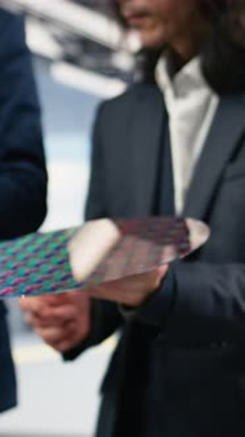 Senior Manager der Vertical Video Microchip Factory testet Chargen von Siliziumwafern mit Tablet
