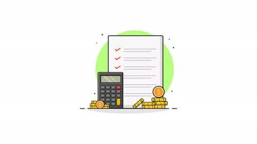 Animated Financial Accounting Document with Calculator and Coins