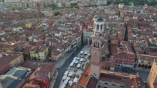 Above Verona Skyline Piazza Delle Erbe and Towering Torre Dei Lamberti Italy