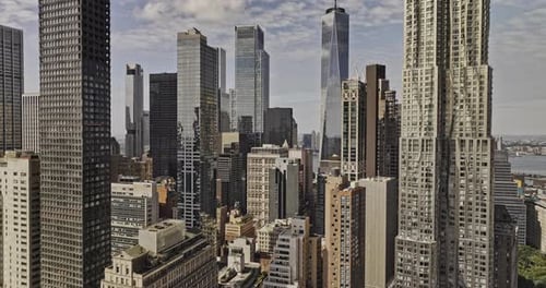 NYC New York Aerial v402 drone fly through the financial district capturing densely populated Lower