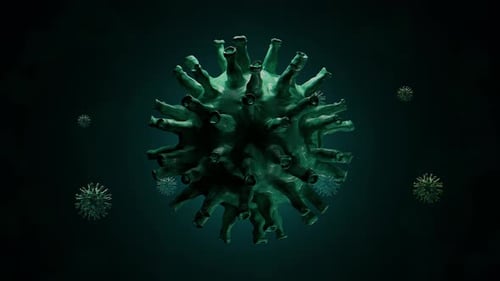 Detailed 3D Render of Green Coronavirus COVID-19 Virus Particles and Cells