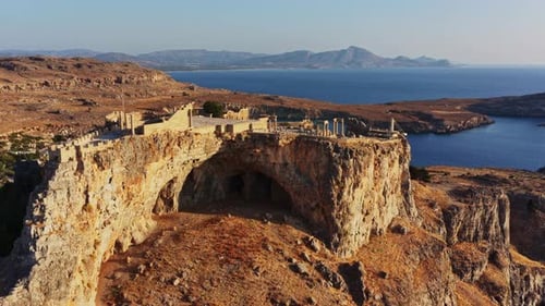 Stunning aerial view of ancient ruins in Rhodes, Greece at sunset