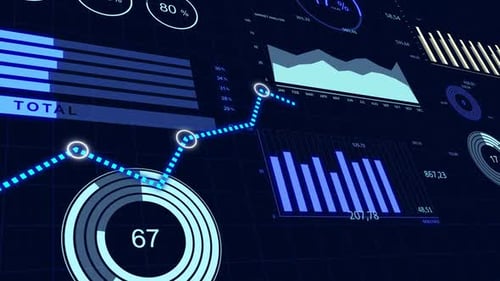 Business Infographic with Dynamic Graph Charts on a Blue Background