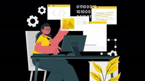 woman programming at her office desk, creating algorithms, woman coding web page, 4k animation