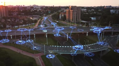 Futuristic intelligent traffic management system. Self-driving autonomous electric vehicles.