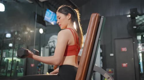 Asian young sport woman exercising to building muscle in gym stadium.
