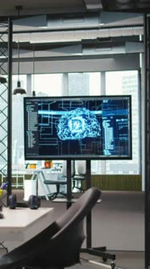 Vertical Video PC in Office Used to Design and Implement Algorithms Enabling Machine Learning