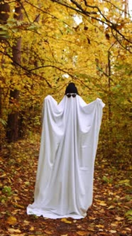Happy Halloween Holiday Cute Unrecognizable Person Dancing in Ghost Costume on Fall Forest
