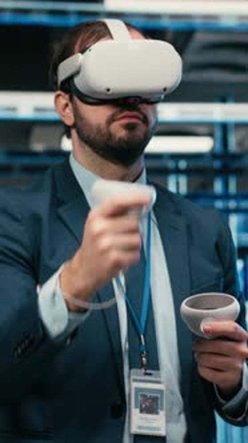 Vertical Video Debugging System Errors VR Headset and Computer Scientist in Data Center