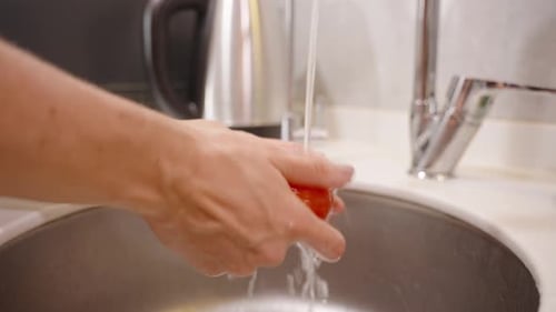 Carefully Washing a Tomato, Preparing It for a Fresh and Nutritious Salad.