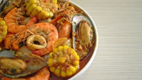 Seafood Boil with Shrimp, Mussels, Squid and Corn