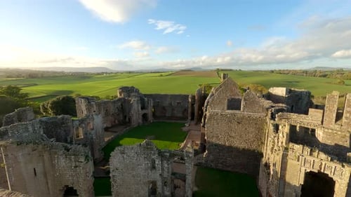 Medieval ruins of Castle in England. View of the ruins of a medieval castle