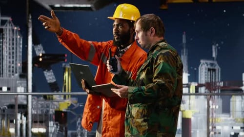 Naval Officer and Engineer Using Walkie Talkie on Oil Rig Vessel
