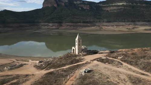Swamp Church Sau Swamp Dike in Catalonia Spain Intense Drought in 2024 Pantano De Sau