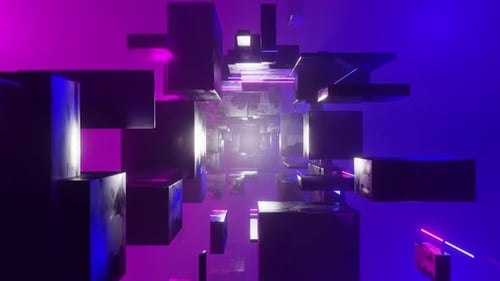 Sci-fi tunnel in a foggy space with rotating geometry shrinks and expands 3d render. Industrial