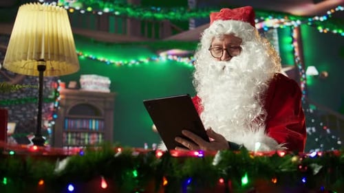 Person Dressed As Santa Claus Uses Tablet