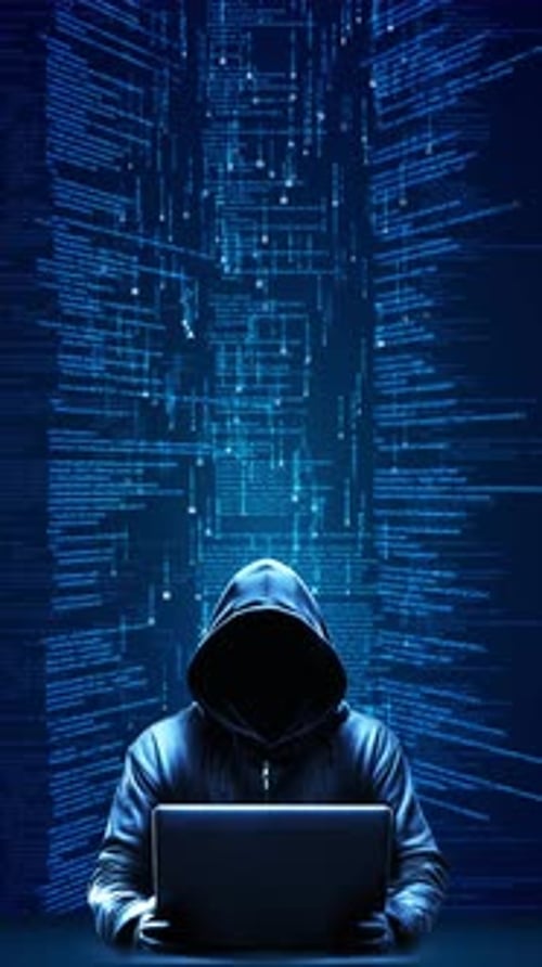 Hacker Typing on Laptop with Falling Blue Code