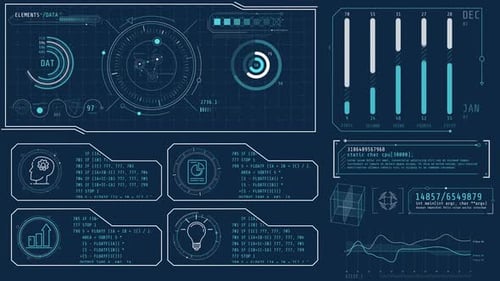 Animierte Hightech-Oberfläche mit grafischen Symbolen, die Daten verarbeiten