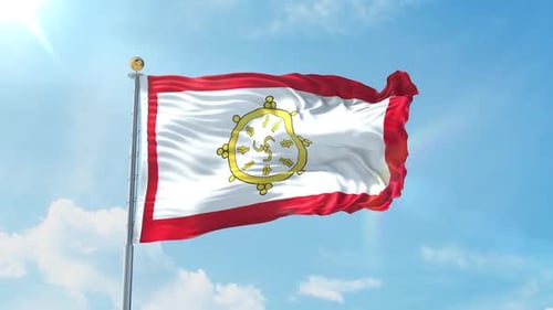 White and Red Flag with Golden Dharma Wheel Waving in Blue Sky