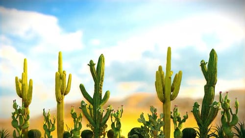 3D-Animationshintergrund von Kaktuspflanzen in der Wüste mit hellem Himmel