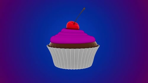 Animated 3D Cupcake with Cherry and Pink Frosting Rotation