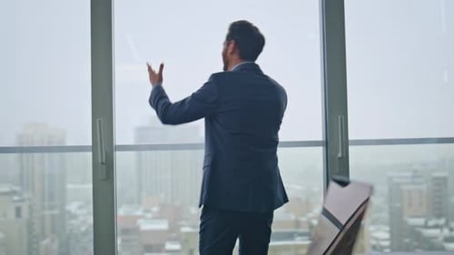 Angry Entrepreneur Disappointed Call Gesturing Hand Cityscape Office Back View