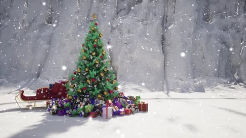 Festive Christmas Tree and Gifts in Snowy Winter Landscape