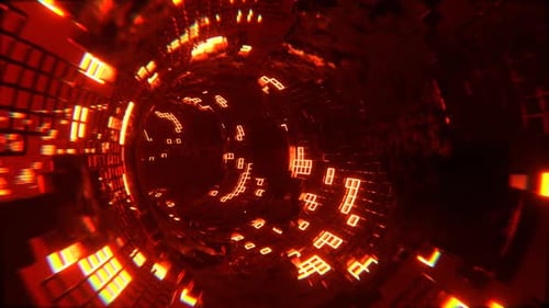 Red And Orange Sci Fi Torus Tunnel Elements Neon Grid Background VJ Loop l 4K