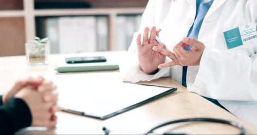 Documents, help and hands of doctor with patient in consultation office for insurance