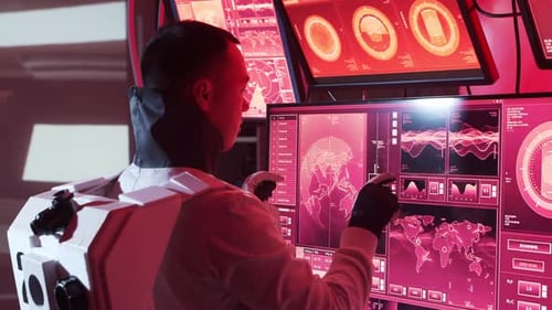 Team von Astronauten in Raumanzügen an Bord der Marsstation Eine Crew von Kosmonauten steuert die