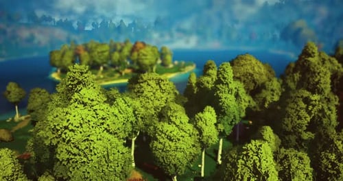 Vibrant Green Trees Surrounding a Tranquil Lake at a Serene Island Location