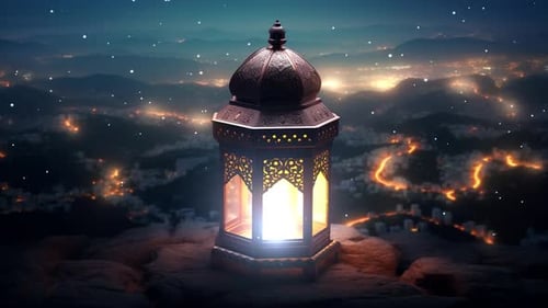Ramadan-Laterne mit islamischen Inschriften auf den Hügeln der Berge
