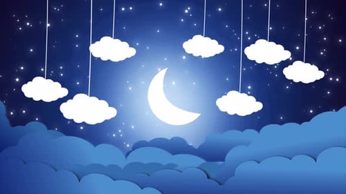 Cartoon Cloud hanging and stars blinking on gradient dark blue background, And Cloud Background.