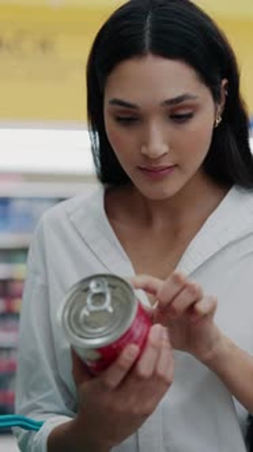 Dietician Monitors Calories On The Can While Standing In The Supermarket