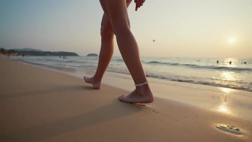 Woman Feet Barefoot on Beach Close Up Female Tourist Running on the Beach By Sea Ocean Enjoying the