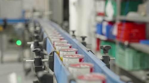 Cans on Conveyor Belt in Modern Factory