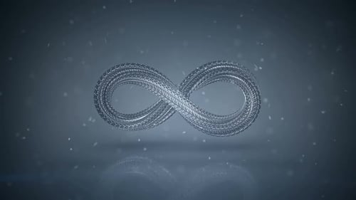 Infinity symbol and digital data are glitching. Futuristic technology concept. Seamless loop