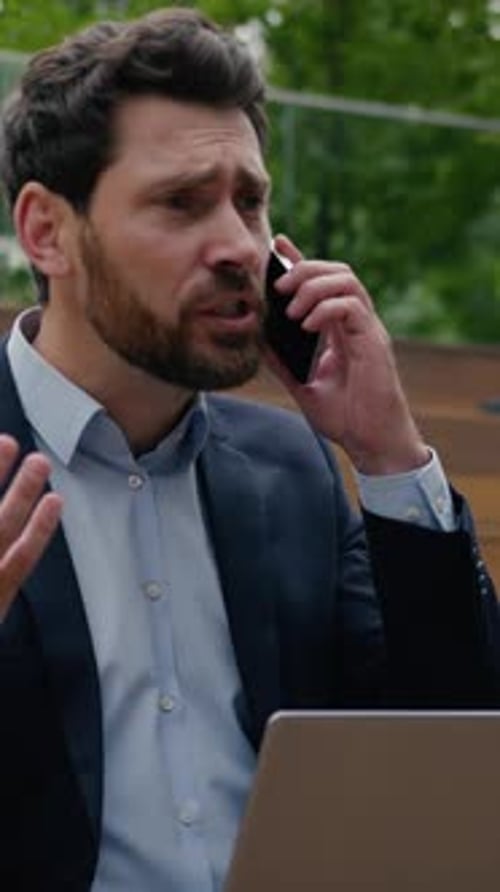 Angry Caucasian Businessman Leader Work Laptop City Shout Mobile Phone Quarrel Annoyed Mad Man