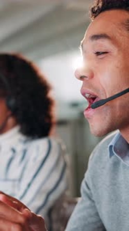 Talking, man and customer service in office with computer, communication or online consulting