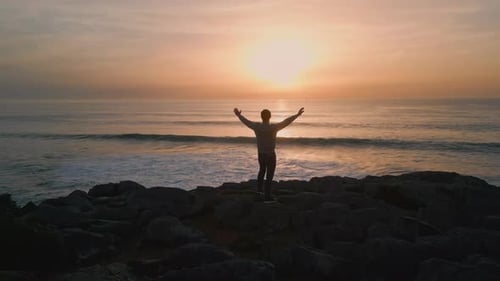 Man Silhouette Standing Sunset Hill Back View. Unknown Travel Person Looking Evening