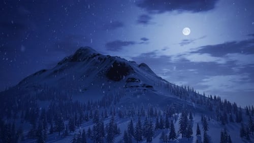 Winter Mountain Landscape with Falling Snow and Full Moon at Night