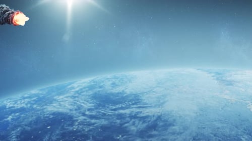 Multiple burning asteroids entering earth Atmosphere,close view