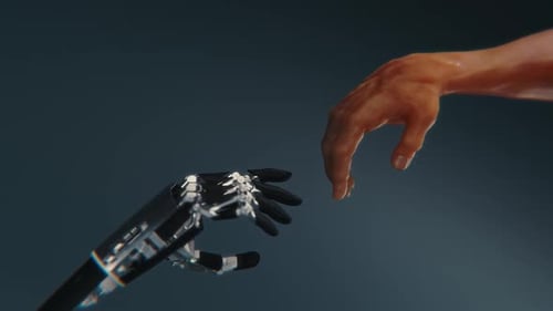 Menschen- und Roboterhände suchen nach einer Verbindung in einer technologischen Zukunft